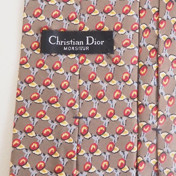 Christian Dior Monsieur 100% Silk Neck Tie Gold & Red Flower Print VTG 90s - Picture 2 of 7